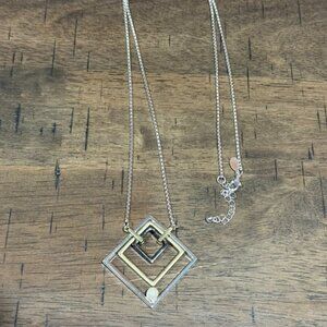 CHICO'S Square Pendant Necklace Mixed Metals 32" Chain 2" Extender NEW